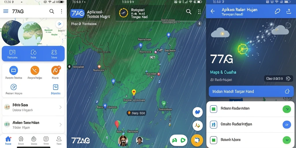 Tampilan antarmuka aplikasi Radar Hujan 77AG yang informatif.
